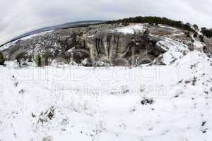 Winter cloudy, in the mountains with fisheye view