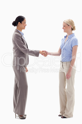 Women shaking hands happily