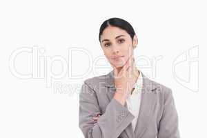 Young saleswoman in thinkers pose