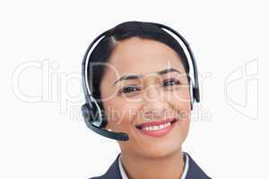 Close up of smiling call center agent