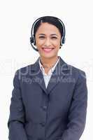 Close up of smiling telephone service employee