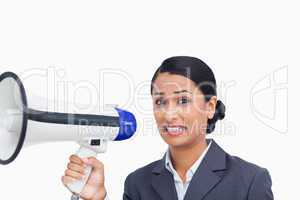 Close up of afraid saleswoman with megaphone