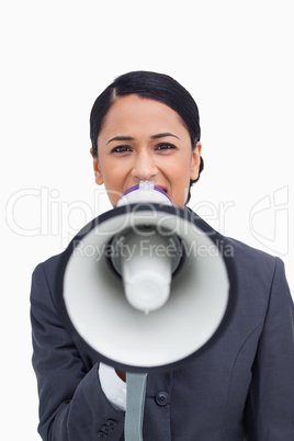 Close up of saleswoman with megaphone