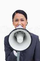 Close up of saleswoman with megaphone