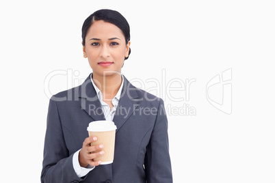 Close up of saleswoman with paper cup