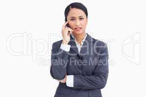 Close up of saleswoman in phone conversation
