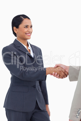 Smiling saleswoman shaking hand