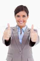 Close up of female entrepreneur giving thumbs up