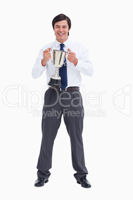 Smiling tradesman holding cup