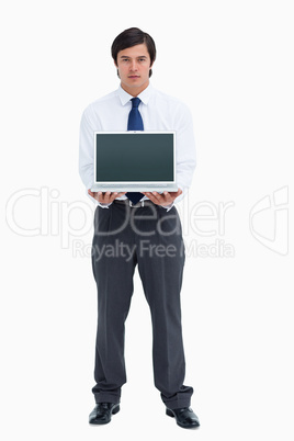 Tradesman presenting screen of his laptop