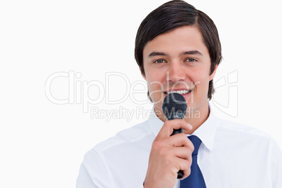 Close up of smiling tradesman with microphone