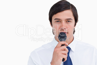 Close up of tradesman with microphone