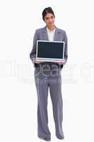 Female entrepreneur presenting screen of her laptop