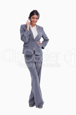 Female call center agent with crossed legs