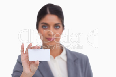 Female entrepreneur showing her business card