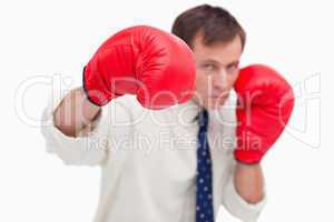 Punching businessman with boxing gloves