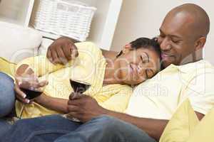 Happy African American Man & Woman Couple Drinking Wine