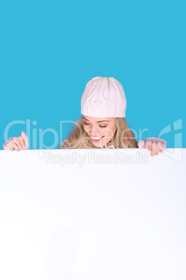 Laughing Girl Looking Down At Blank Sign