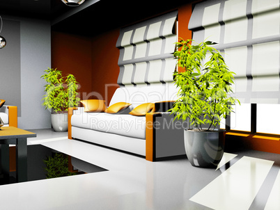 waiting room with orange and white leather furniture