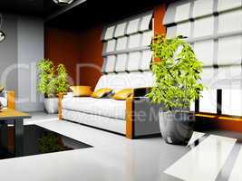 waiting room with orange and white leather furniture