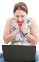surprised girl looking in laptop, facial expression, isolated on