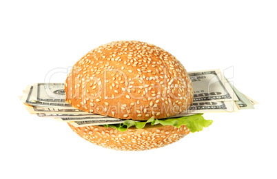 Hamburger with money on the white background