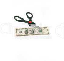 scissors cutting US dollar bill  isolated on white