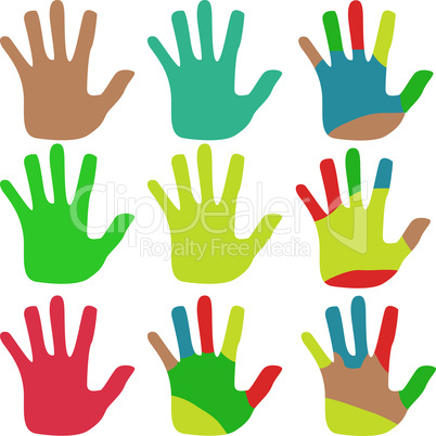 Vector illustration hands multicolored set isolated on white