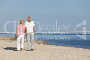 Happy Senior Couple Walking Holding Hands on Beach