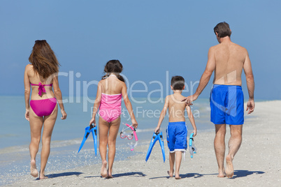 Mother, Father & Daughter Child Family Walking on Beach