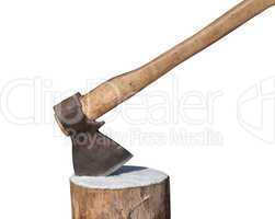 Axe and log isolated on white background