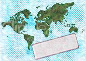 Halftone background with the world map and label