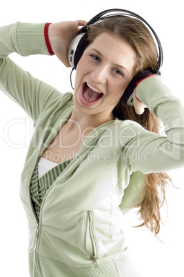 woman listening to headset enjoying