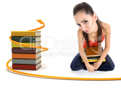 college girl holding books on her laps