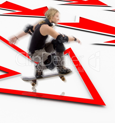 man with skateboard deck jumping over arrow