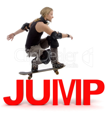 man skater jumping over text