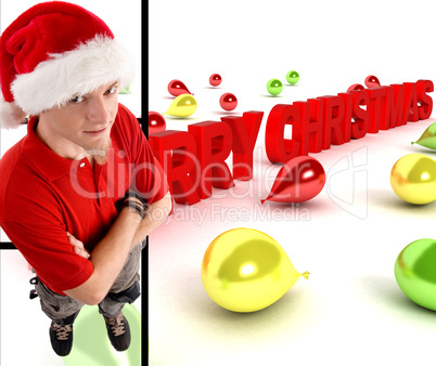 man wearing christmas hat with merry christmas text