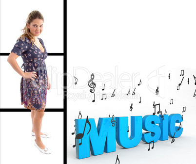 pretty woman standing with music text
