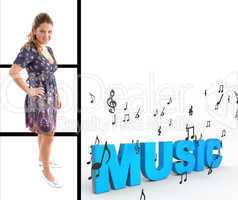 pretty woman standing with music text