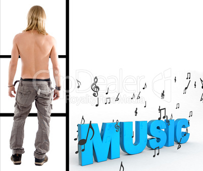 back pose of shirtless man with music text