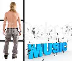 back pose of shirtless man with music text