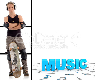 man with skateboard deck and music text