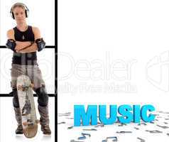 man with skateboard deck and music text
