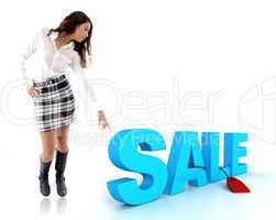 woman pointing sale text