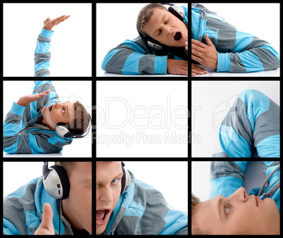 different poses of man with headphone