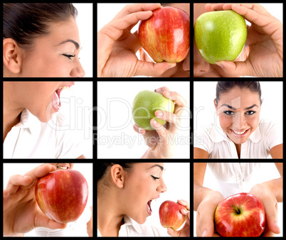 different poses of woman eating apple