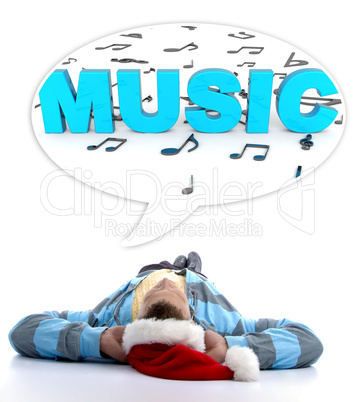 laying man with christmas hat watching musical notes