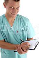 cheerful doctor writing a prescription