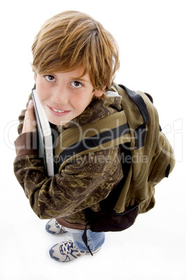 high angle view of school boy looking at camera