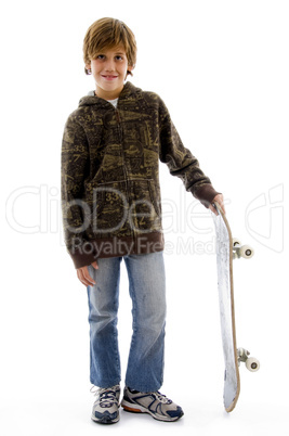 front view of boy holding skate